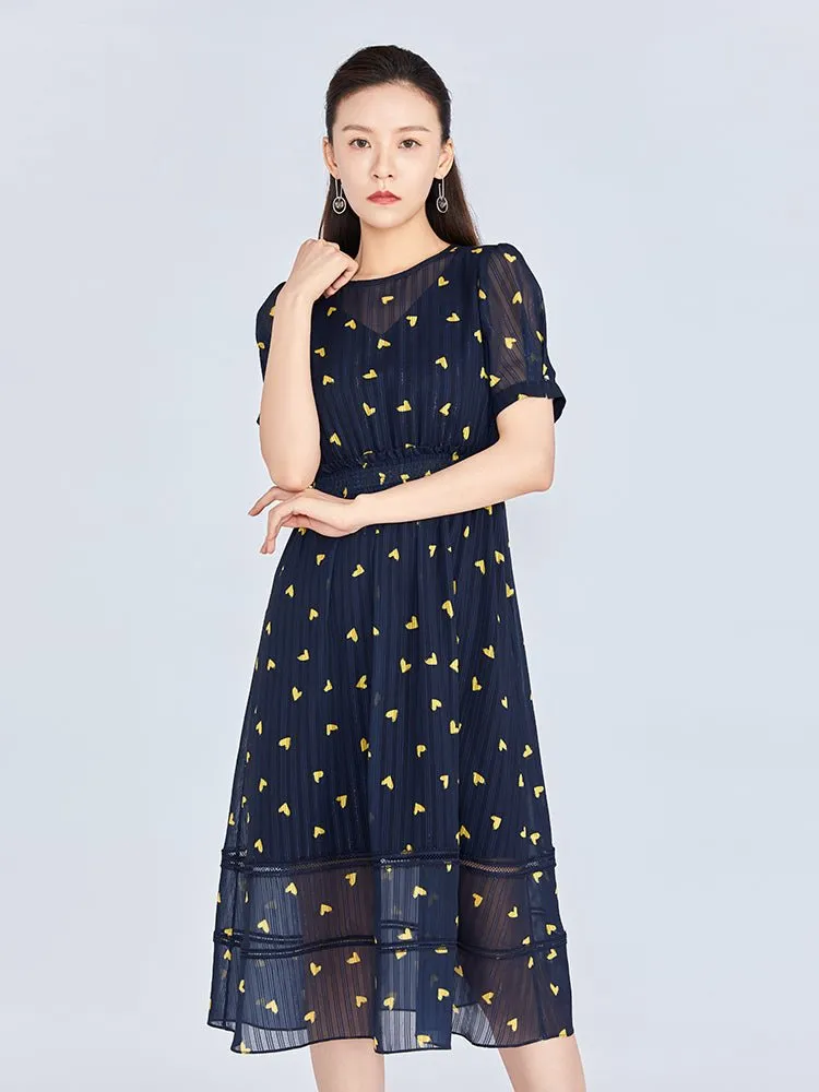 Navy Blue Little Heart Pattern Waist Midi Dress