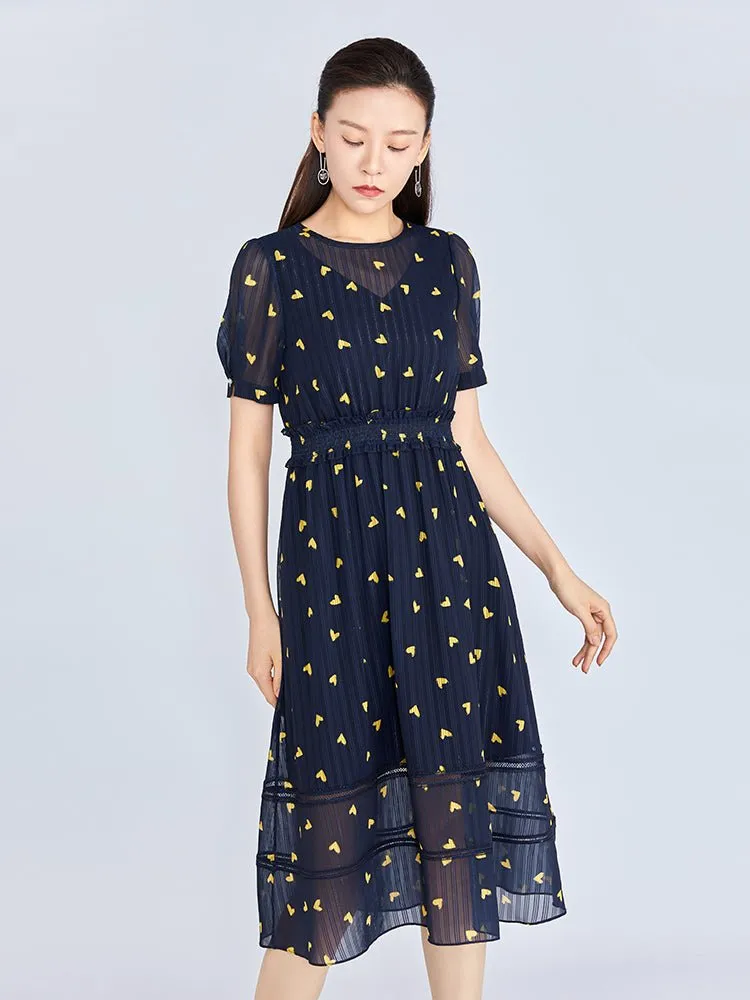 Navy Blue Little Heart Pattern Waist Midi Dress