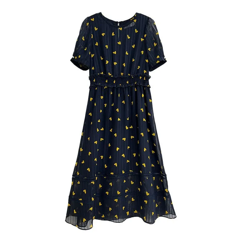 Navy Blue Little Heart Pattern Waist Midi Dress