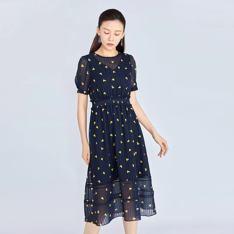 Navy Blue Little Heart Pattern Waist Midi Dress