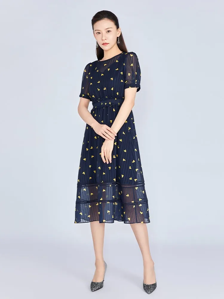 Navy Blue Little Heart Pattern Waist Midi Dress