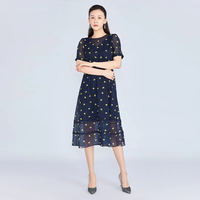 Navy Blue Little Heart Pattern Waist Midi Dress