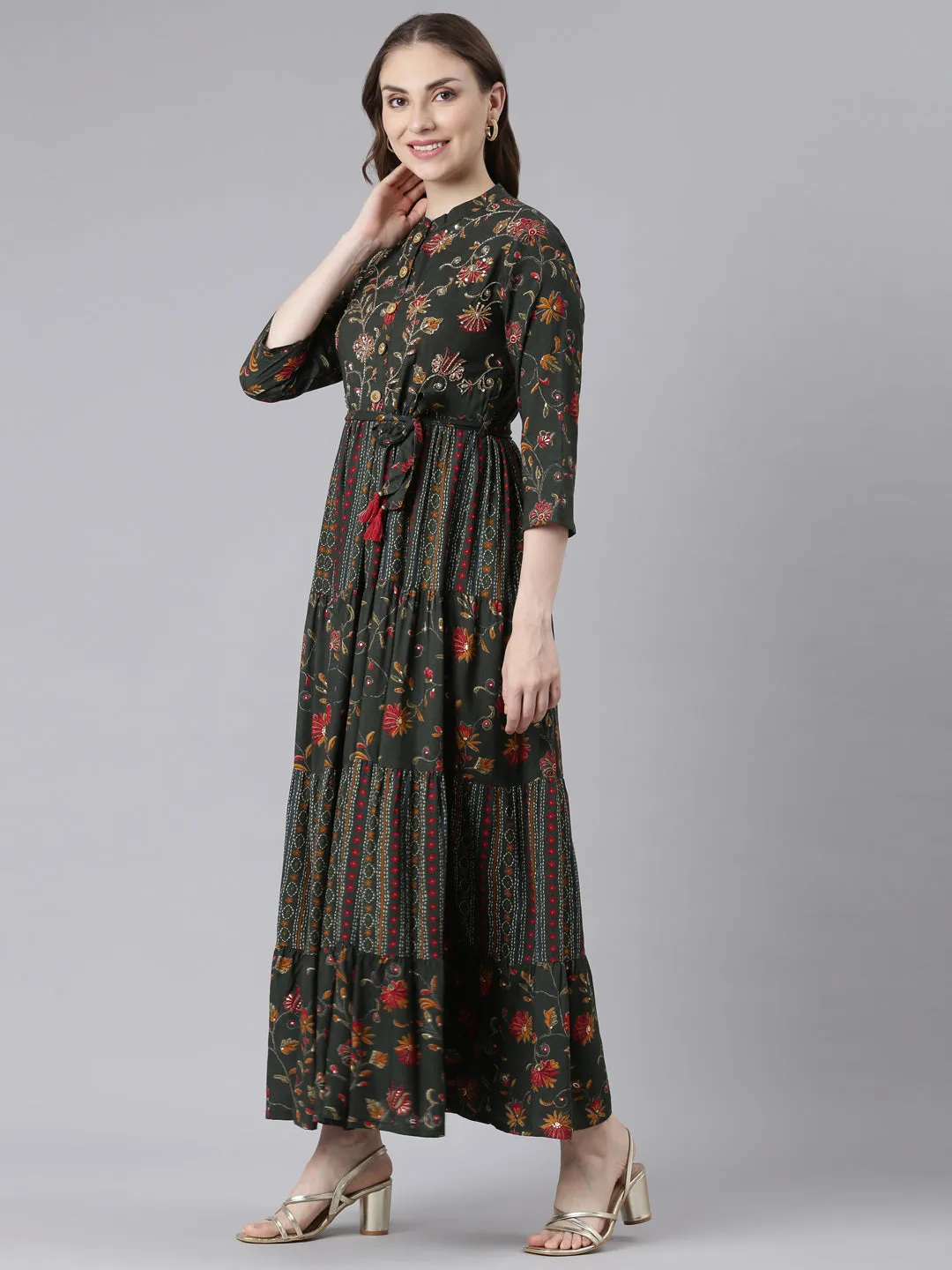 Neerus Olive Viscose Rayon Straight Casual Floral Maxi Dresses