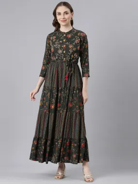 Neerus Olive Viscose Rayon Straight Casual Floral Maxi Dresses