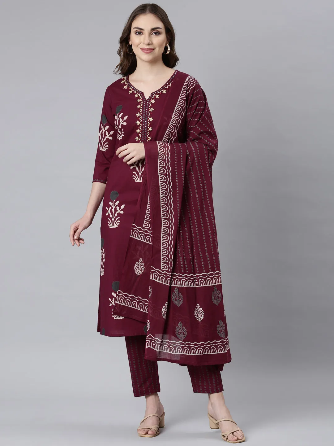 Neerus Wine Panelled Straight Floral Kurta And Trousers With Dupatta