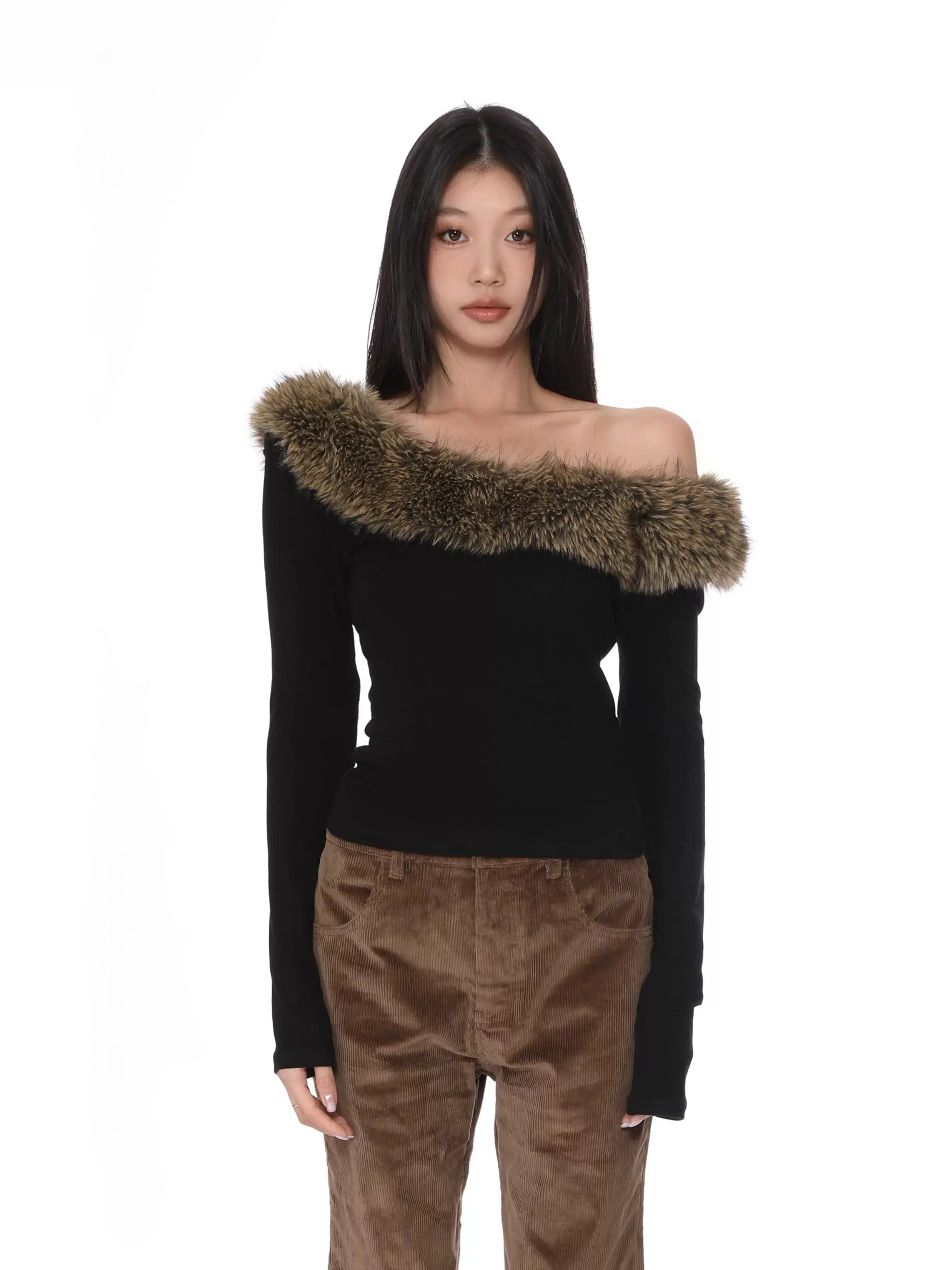 One Shoulder Faux Fur Collar Long Sleeve Top