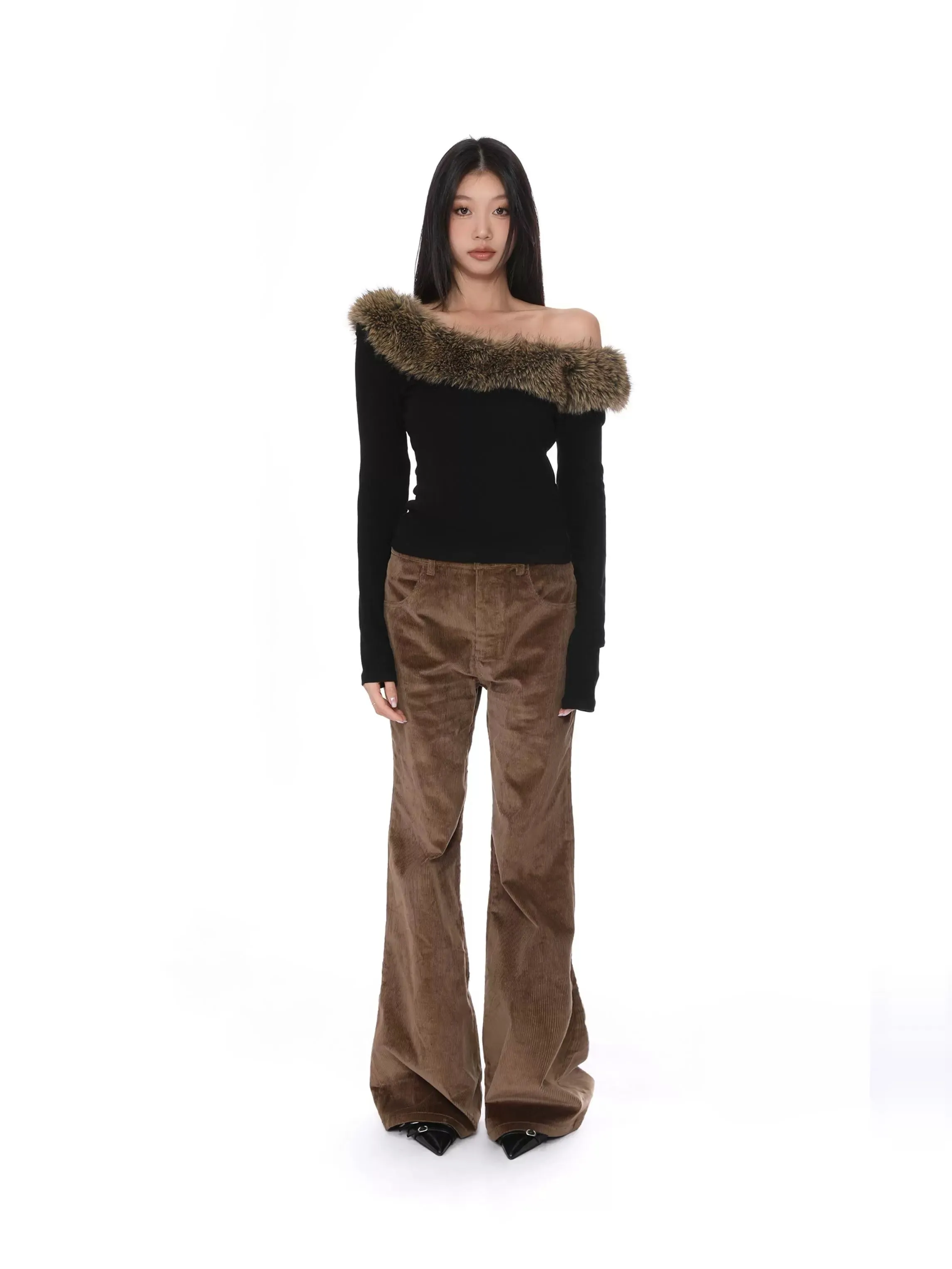 One Shoulder Faux Fur Collar Long Sleeve Top