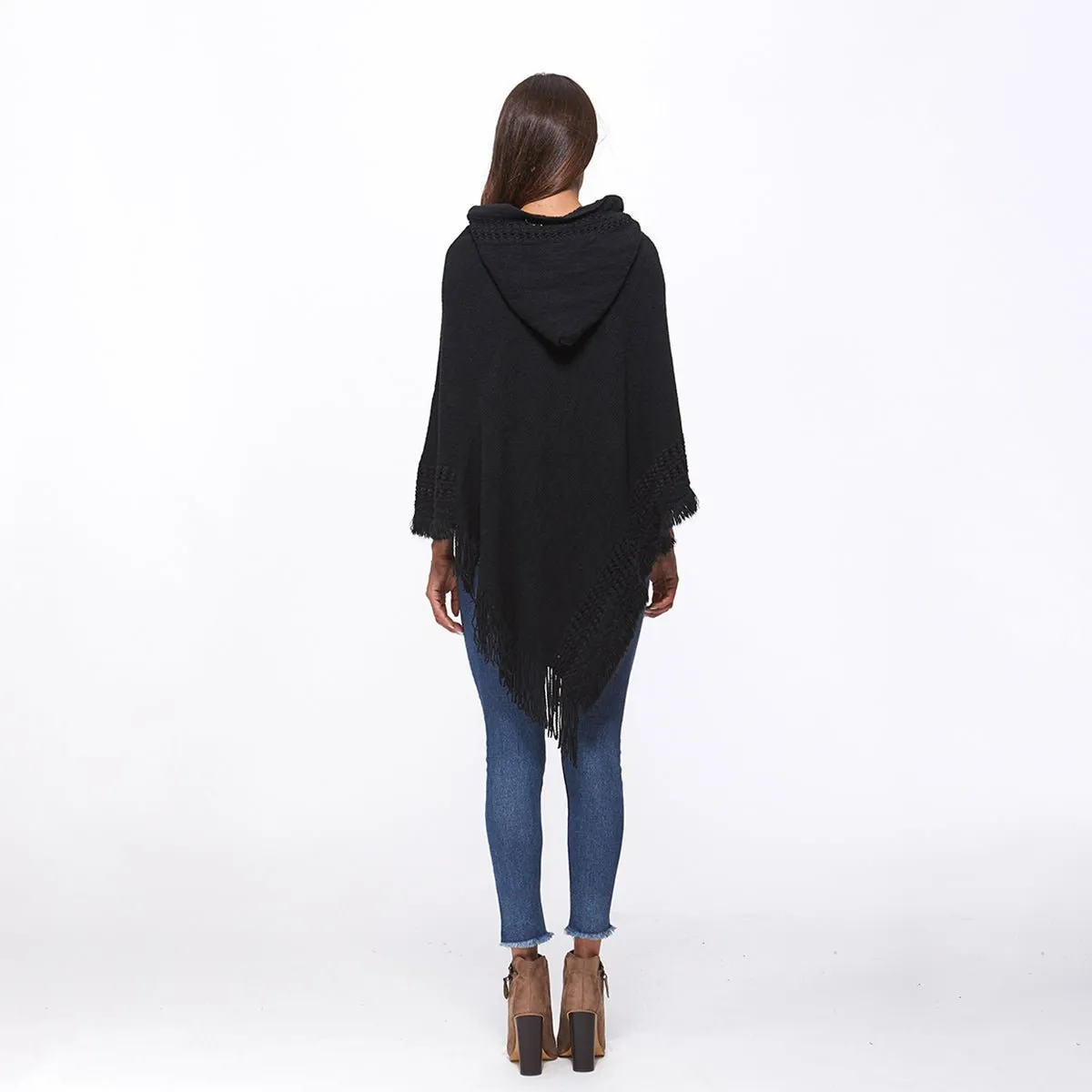 Openwork Fringe Hem Hooded Poncho