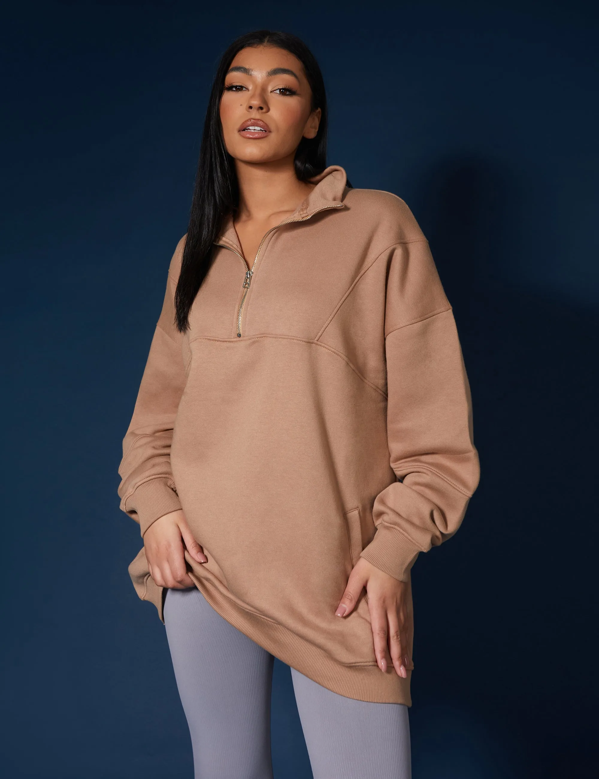 Oversized Half Zip Pullover Sweat Dress Camel