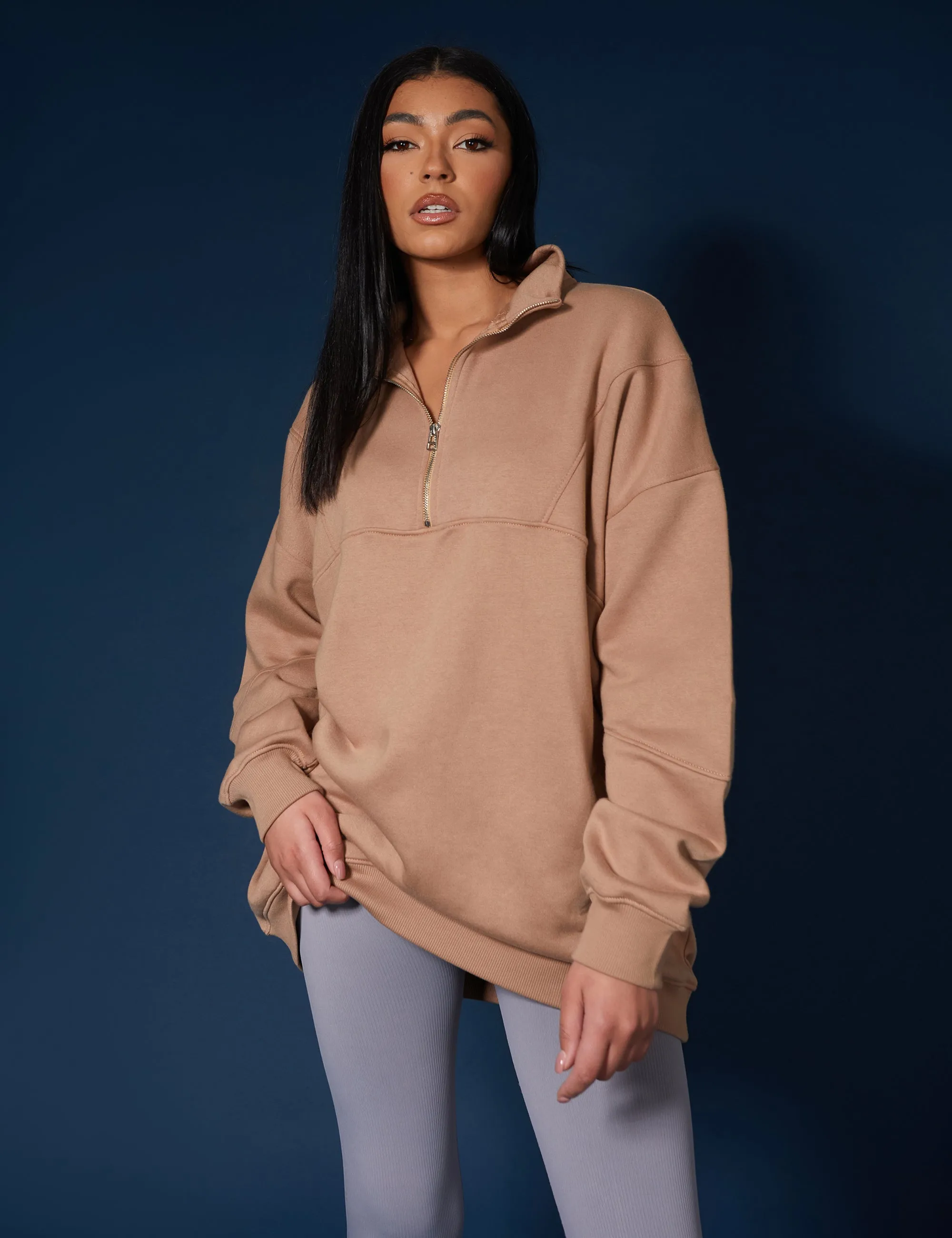 Oversized Half Zip Pullover Sweat Dress Camel