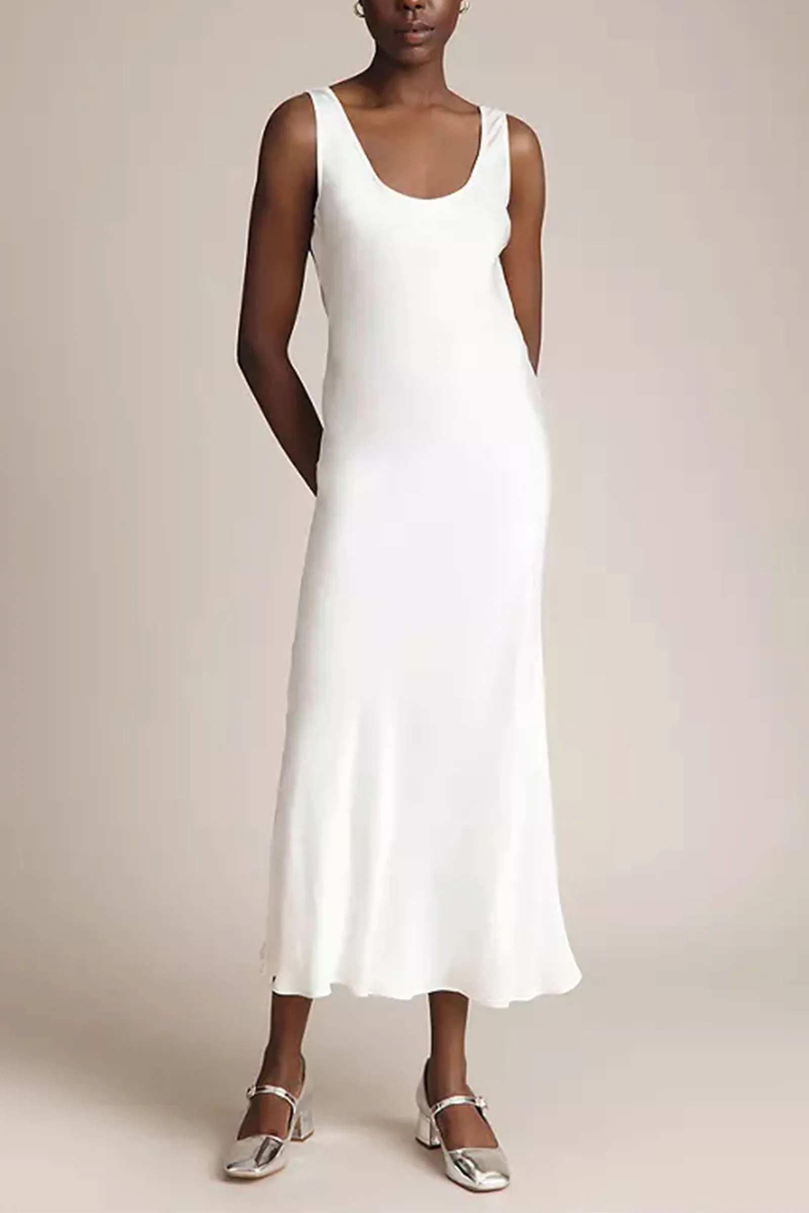 Palm Bias Cut Ivory Satin Slip Dress