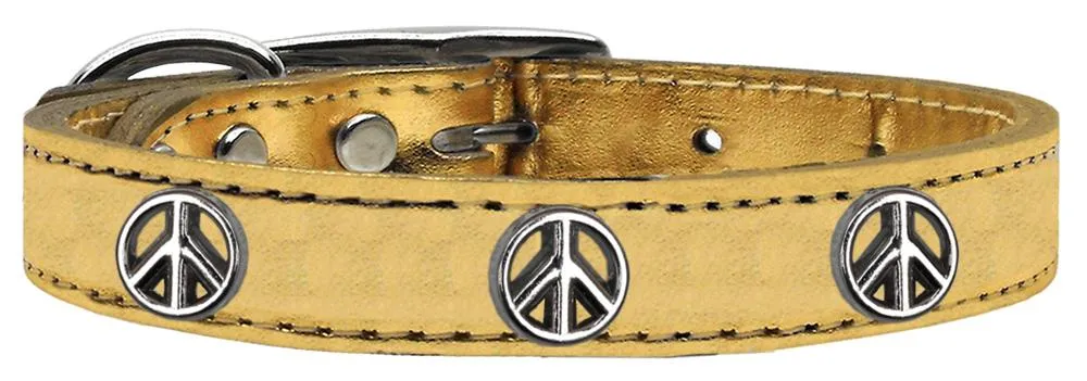 Peace Sign Widget Genuine Metallic Leather Dog Collar Gold 18