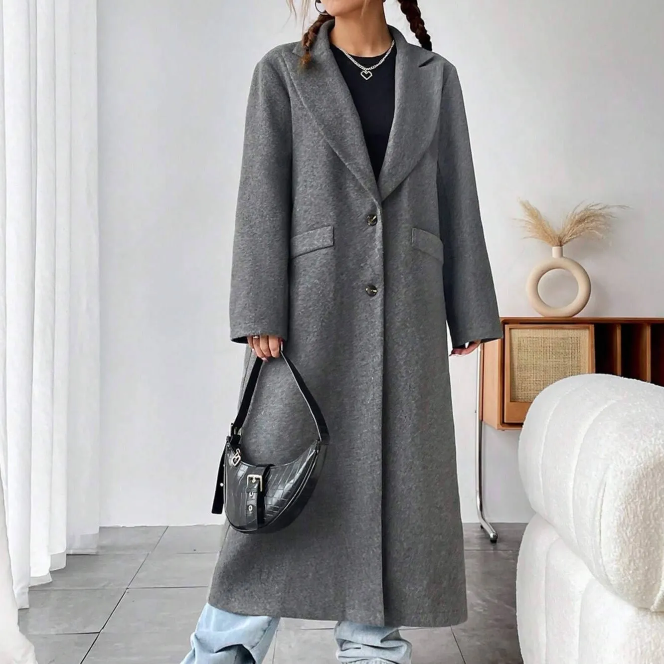 Peak Collar Double Button Longline Overcoat