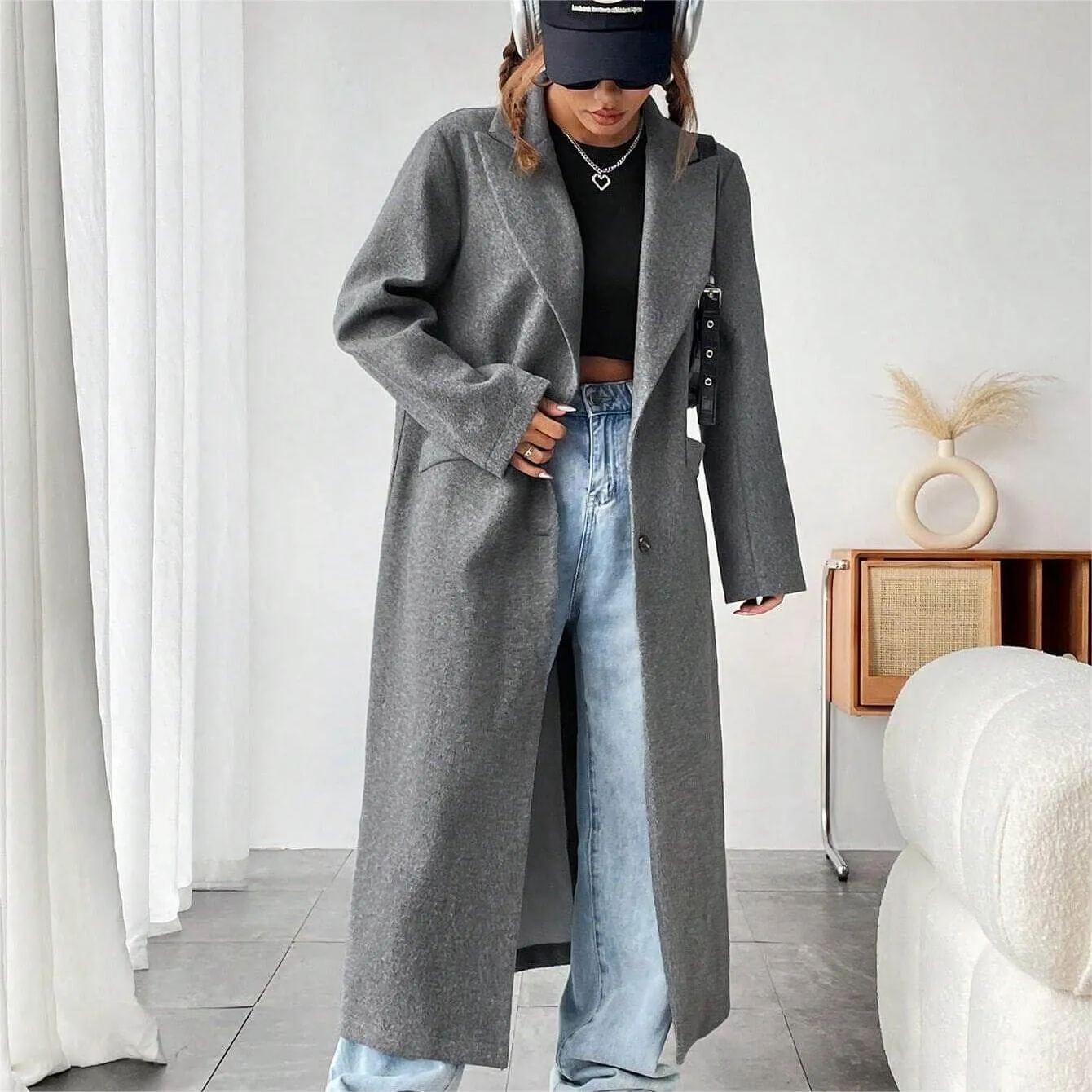 Peak Collar Double Button Longline Overcoat