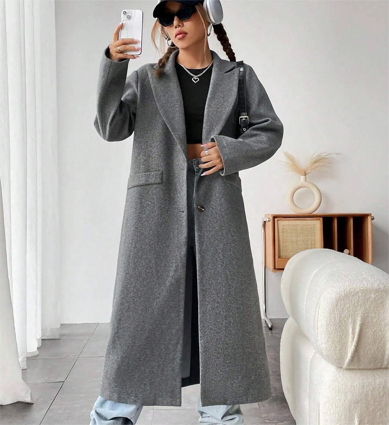 Peak Collar Double Button Longline Overcoat