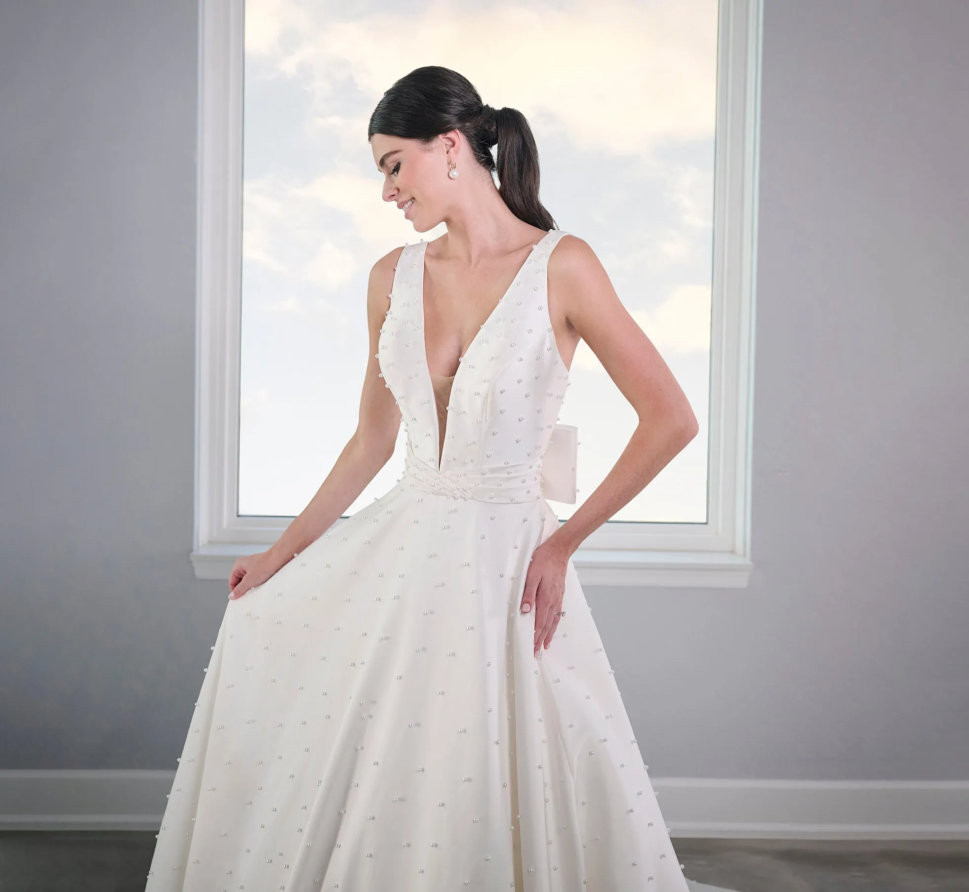 Pearl Studded Mikado A-Line Gown In Ivory Nude