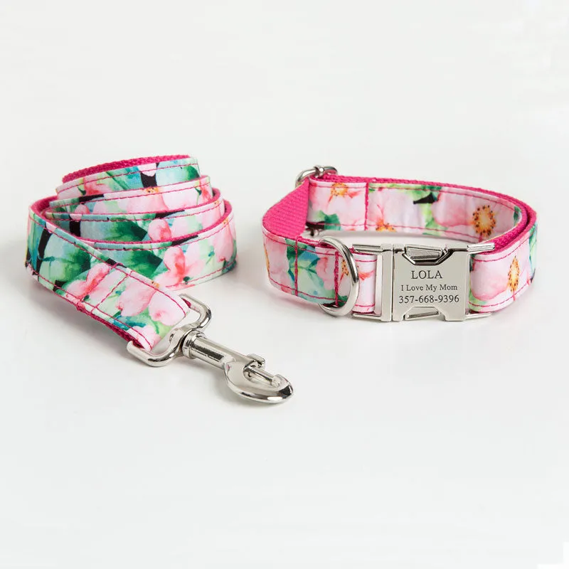 Personalized Dog Collar with Name Engraved Quick Release Metal Buckle - Lotus