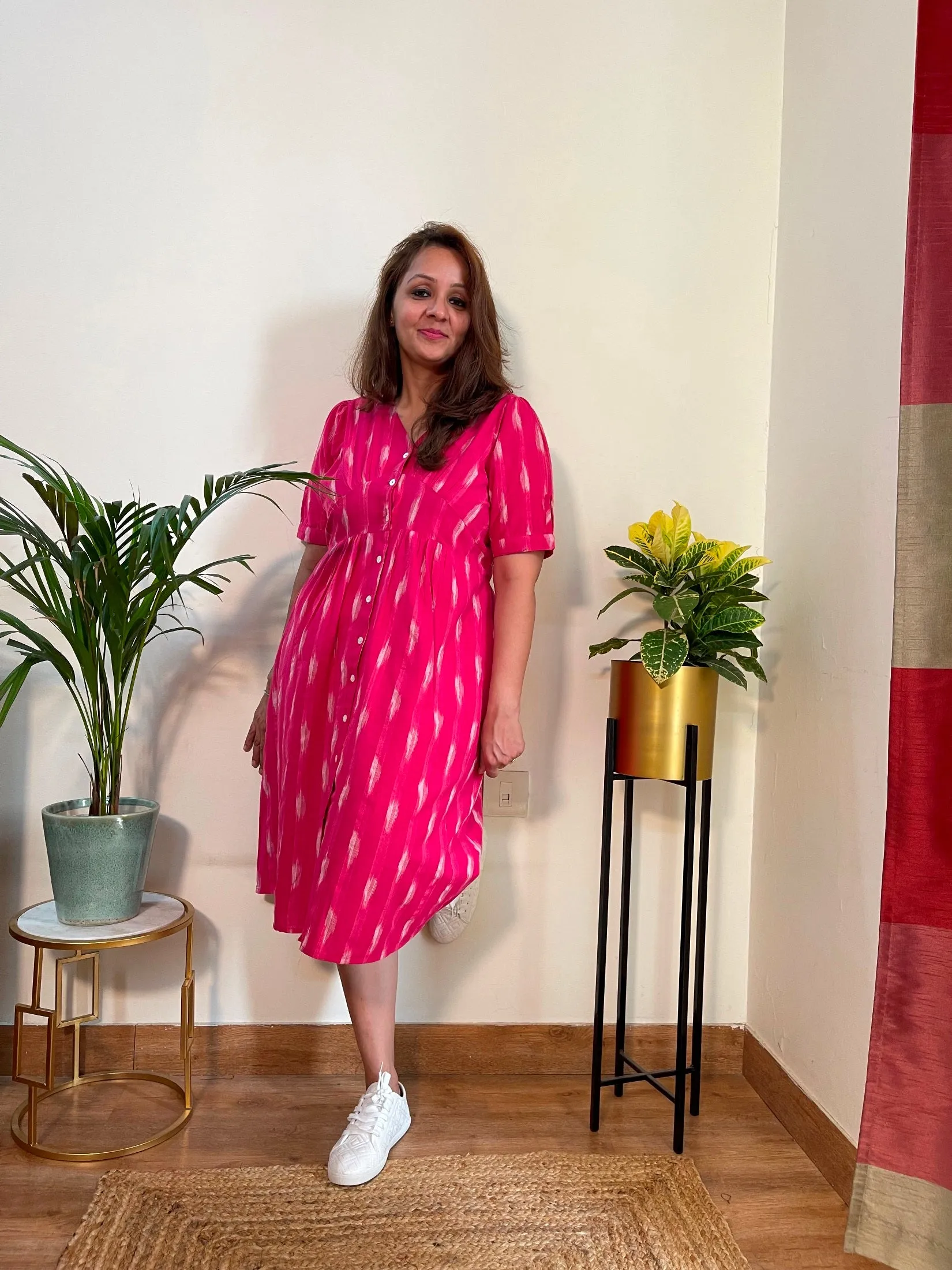 Pink Button Down Ikat Cotton Dress