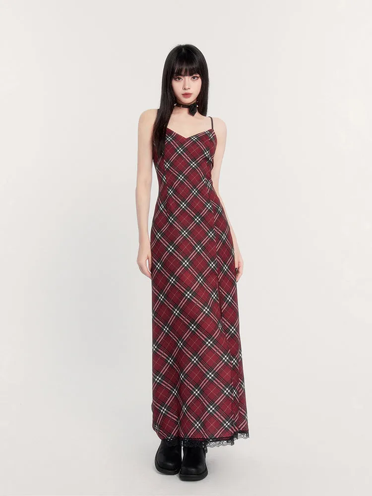 Plaid Lace Trim Slip Dress