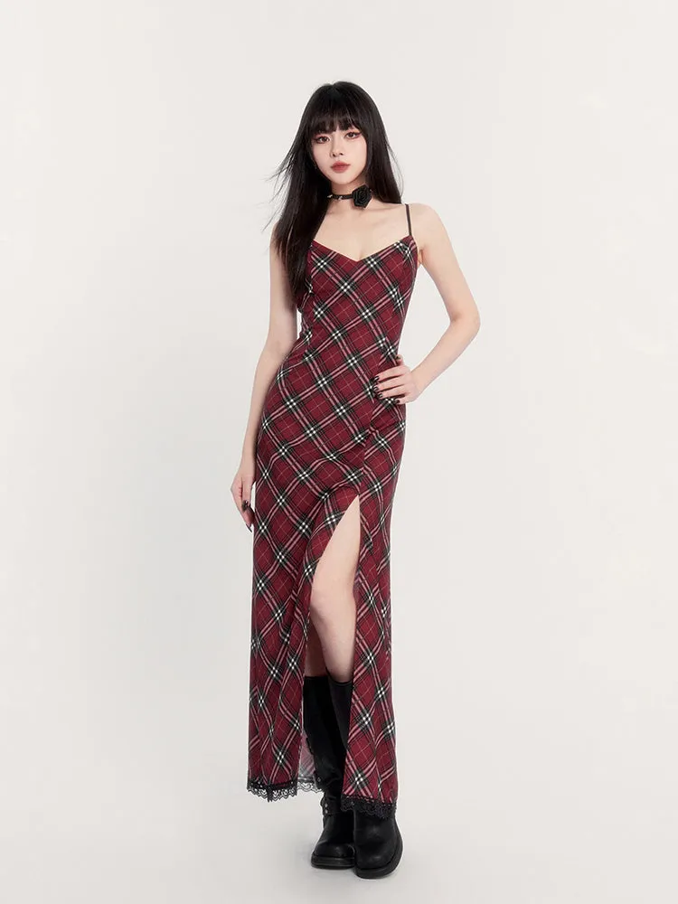 Plaid Lace Trim Slip Dress