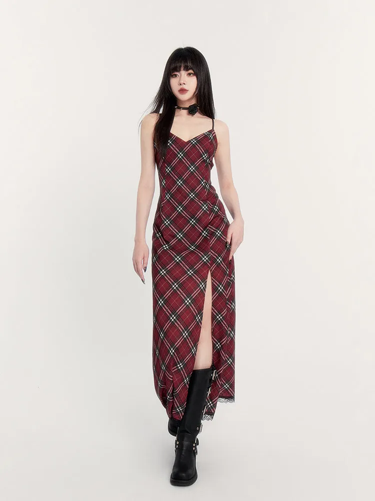 Plaid Lace Trim Slip Dress