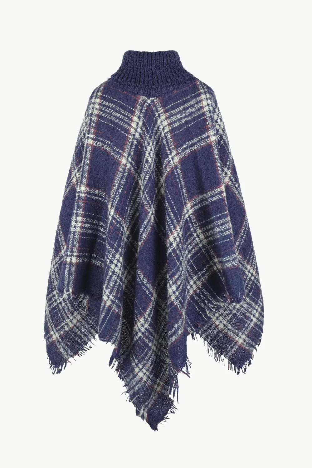 Plaid Turtleneck Fringe Hem Poncho