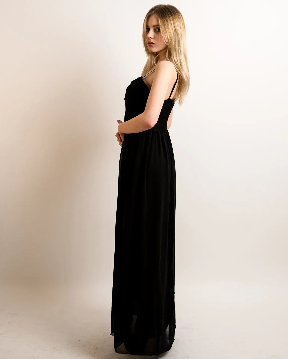 Pleated Bust & Sweetheart Neckline Maxi Dress (BLACK)