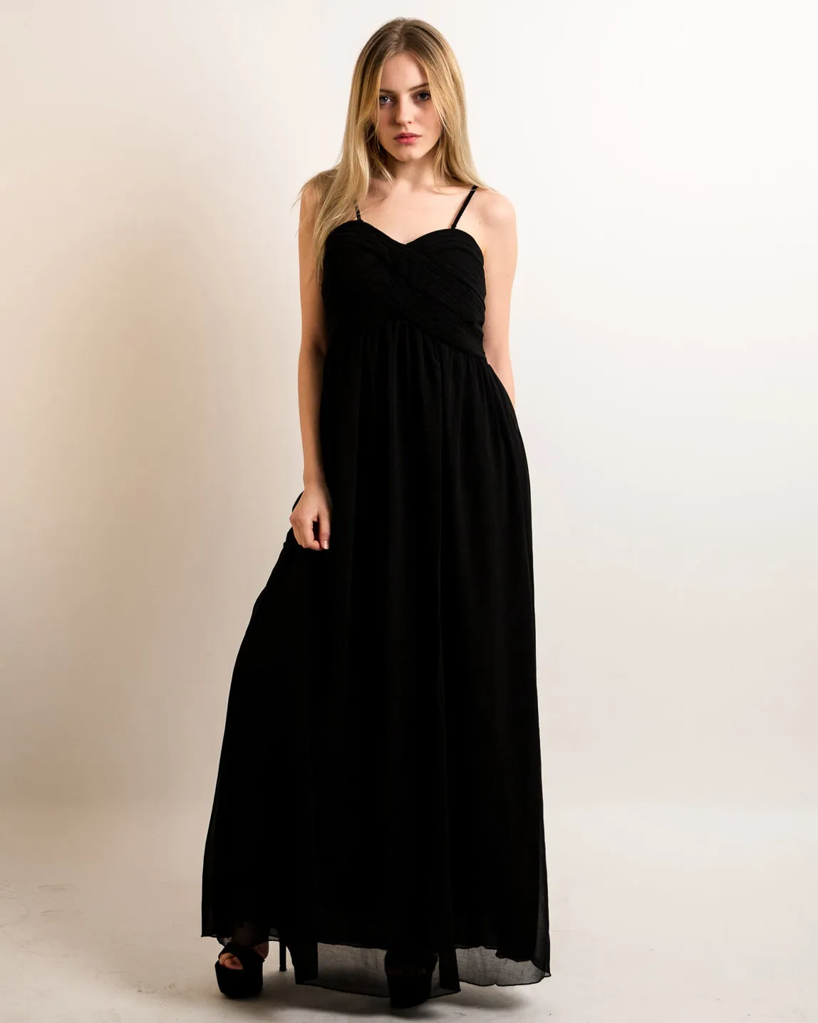 Pleated Bust & Sweetheart Neckline Maxi Dress (BLACK)