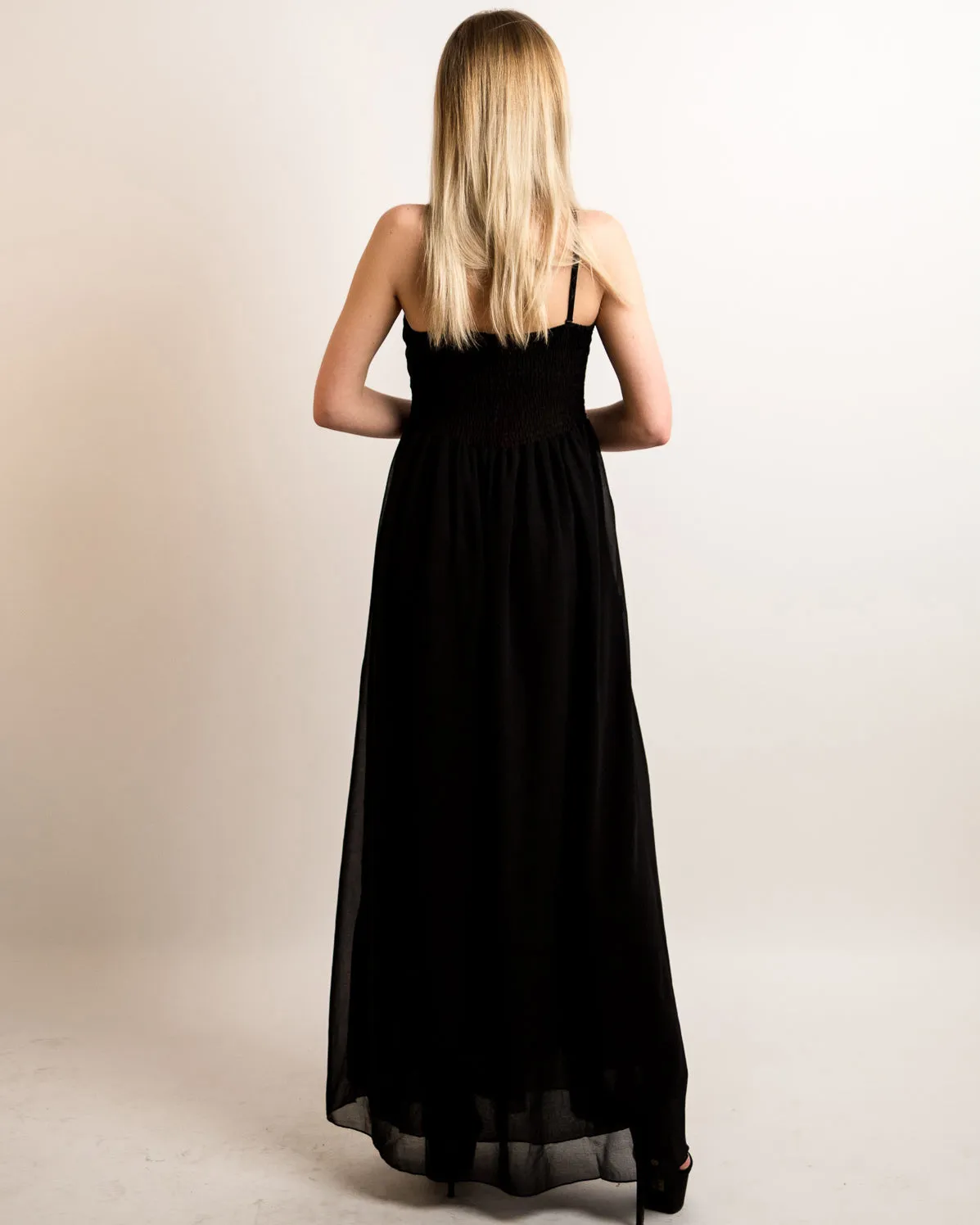 Pleated Bust & Sweetheart Neckline Maxi Dress (BLACK)