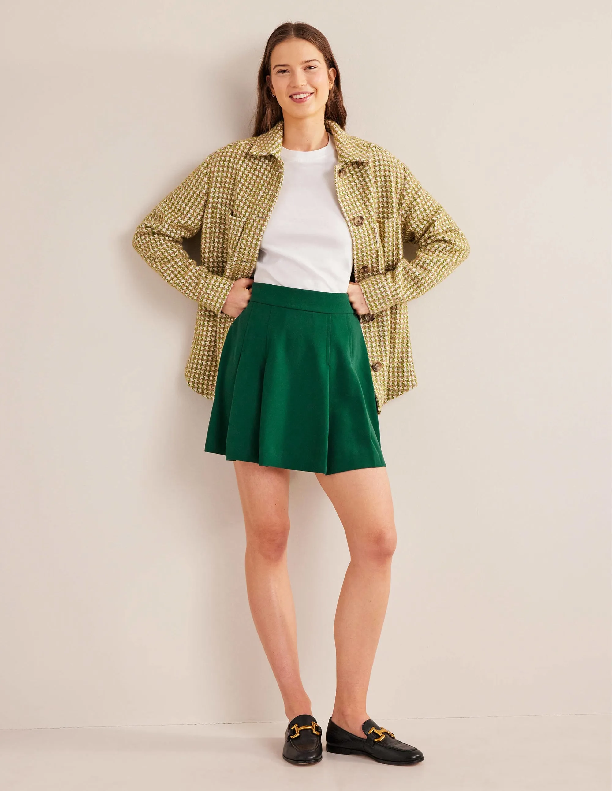 Pleated Crepe Mini Skirt-Emerald Green