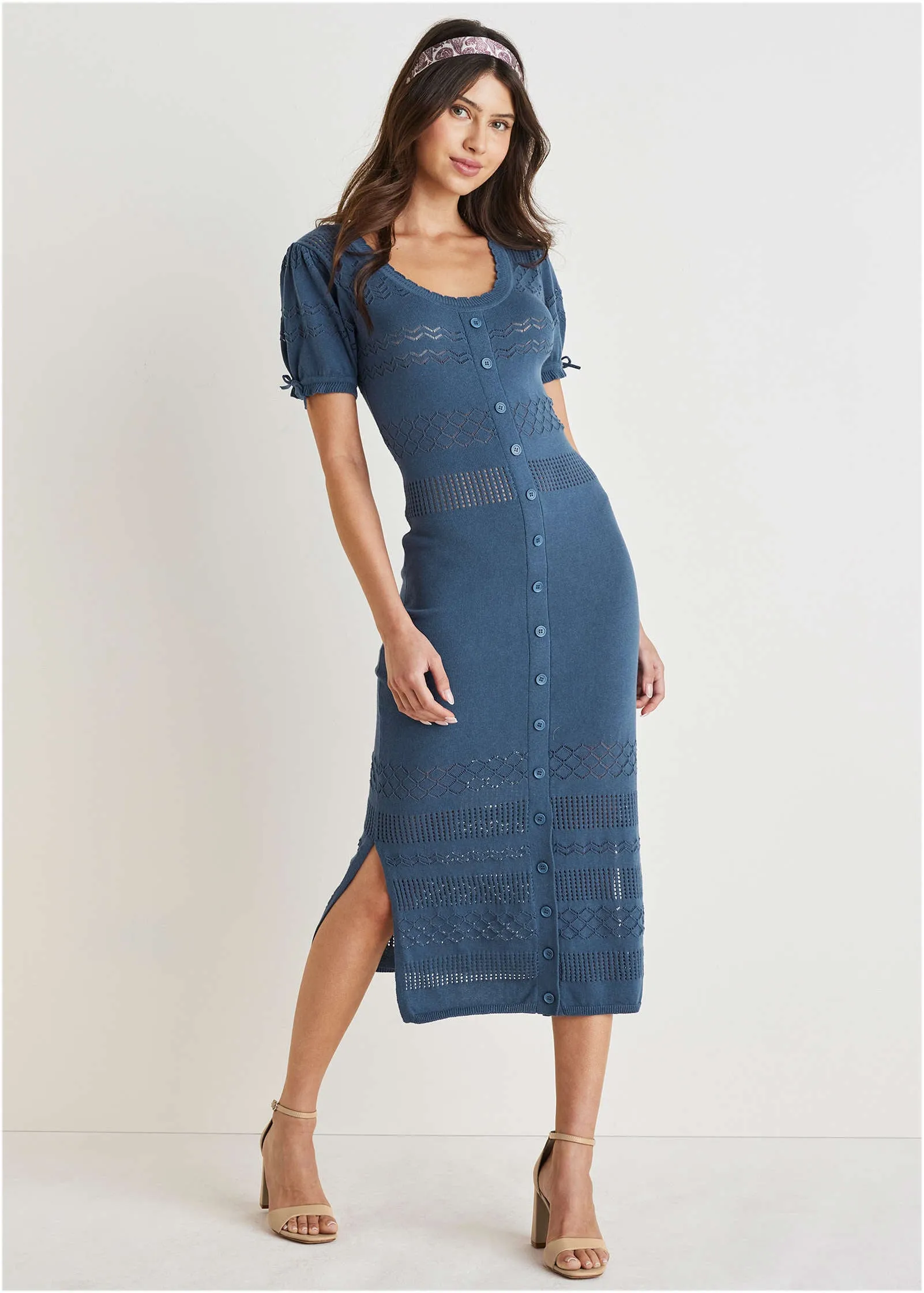 Pointelle Midi Dress - Navy