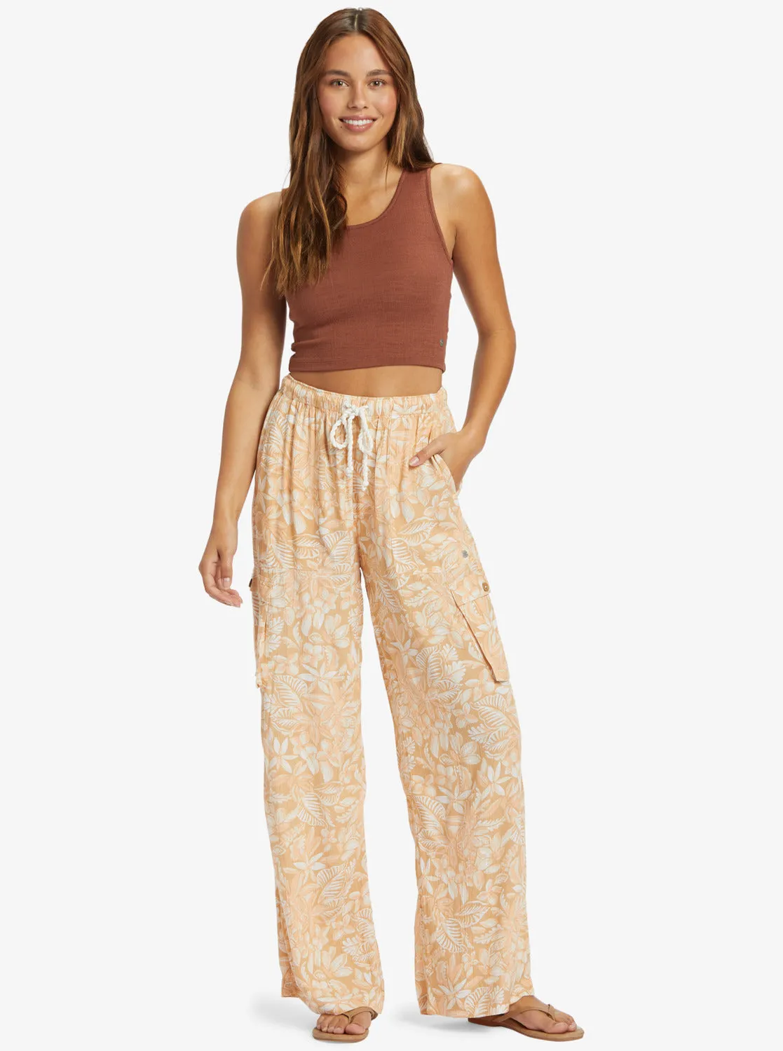 Precious High-Waist Printed Cargo Pants - Egret Soft Tropics