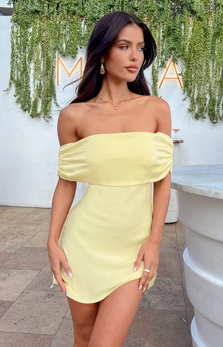 Primrose Yellow Satin Off the Shoulder Mini Dress