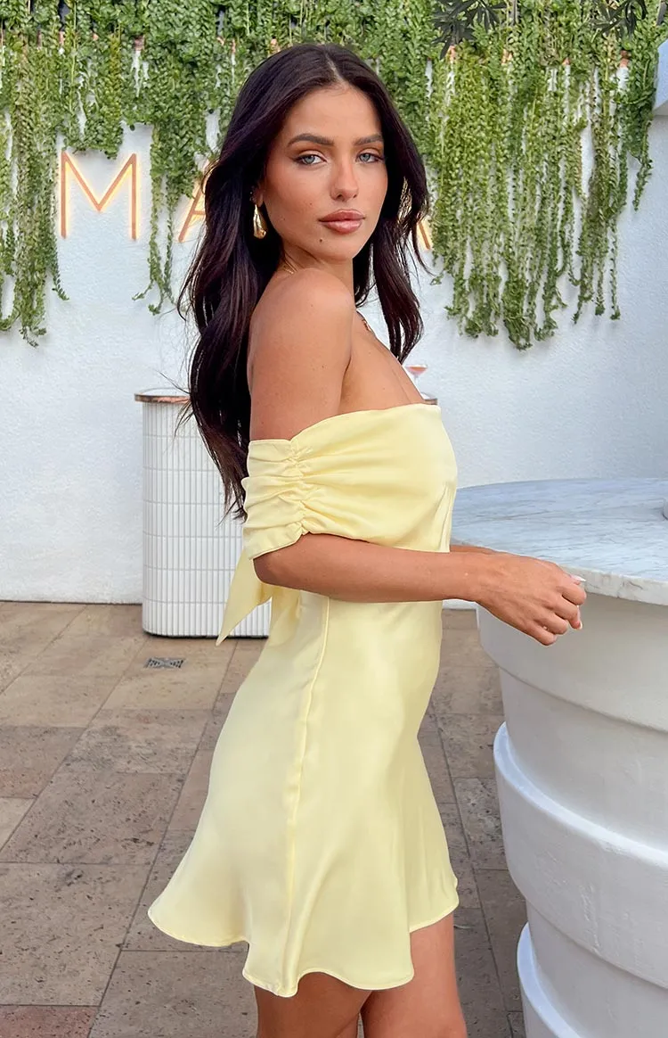 Primrose Yellow Satin Off the Shoulder Mini Dress