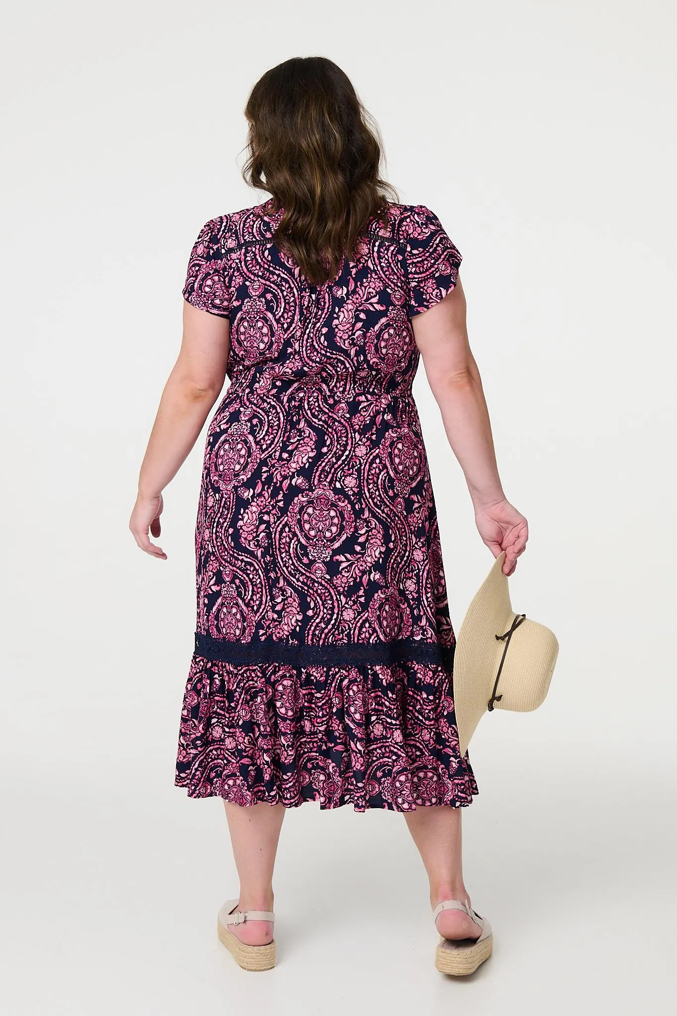 Printed Short Sleeve Lace Trim Maxi Dress