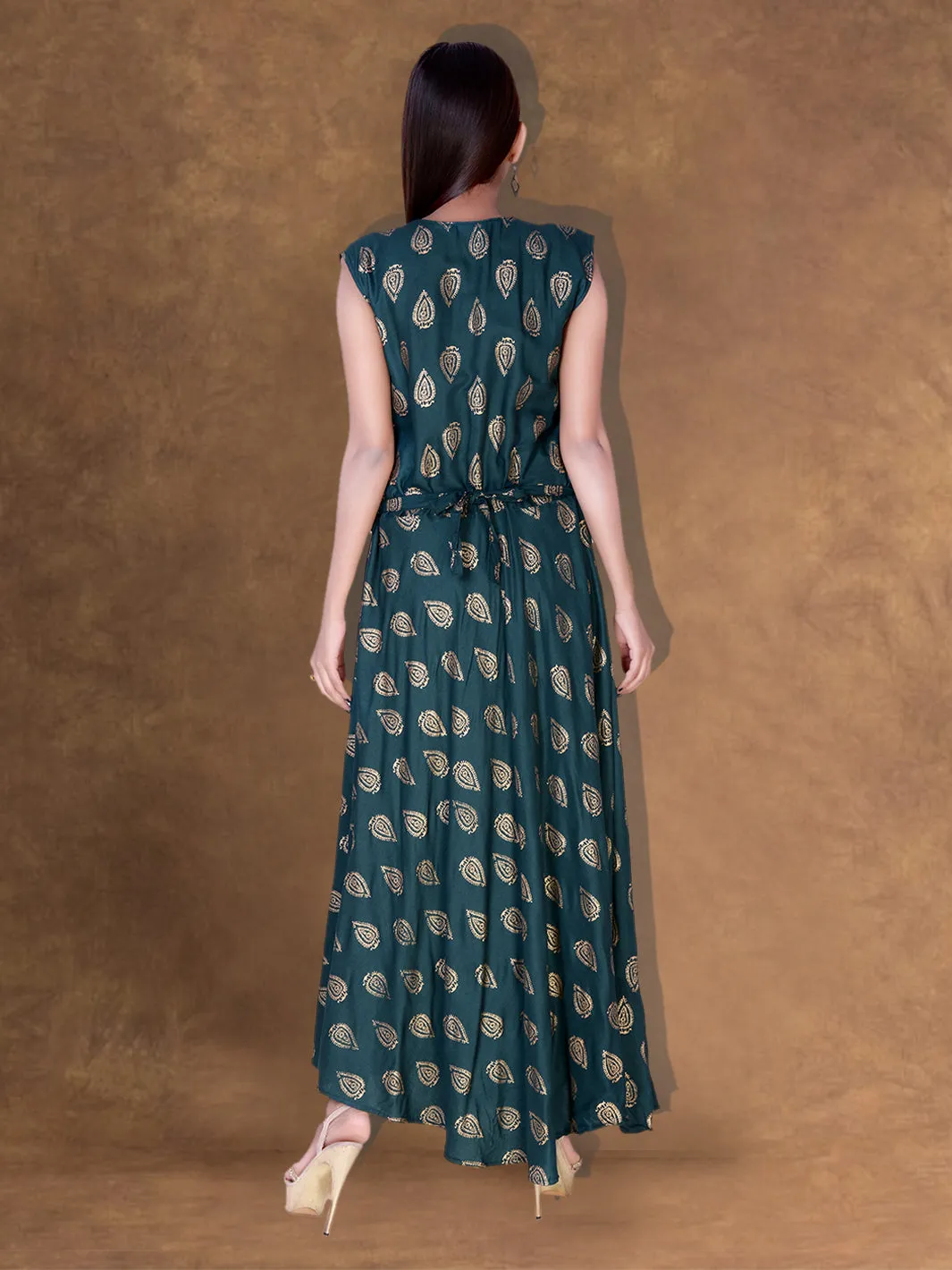 Rayon Green Maxi Long Gown Dress Gold Print