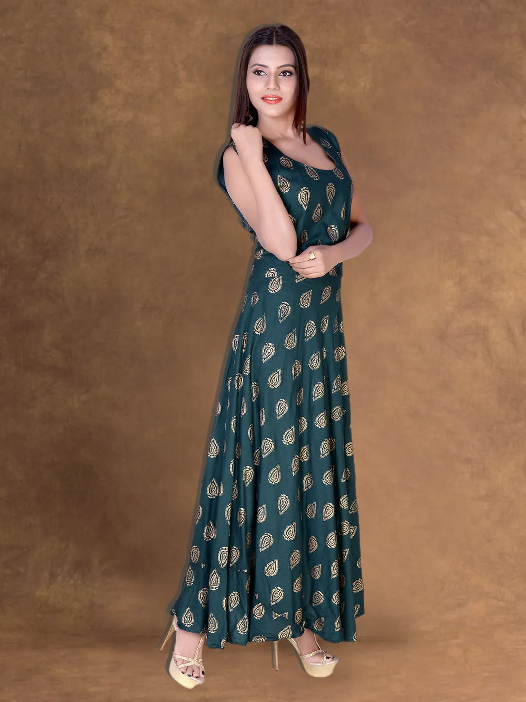 Rayon Green Maxi Long Gown Dress Gold Print