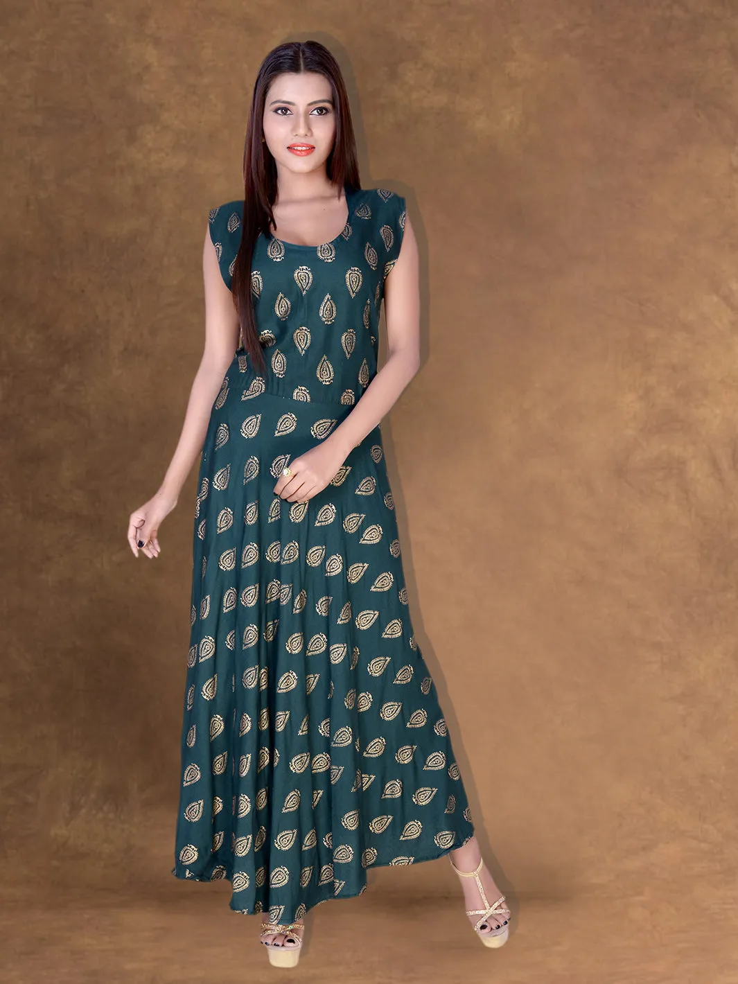 Rayon Green Maxi Long Gown Dress Gold Print