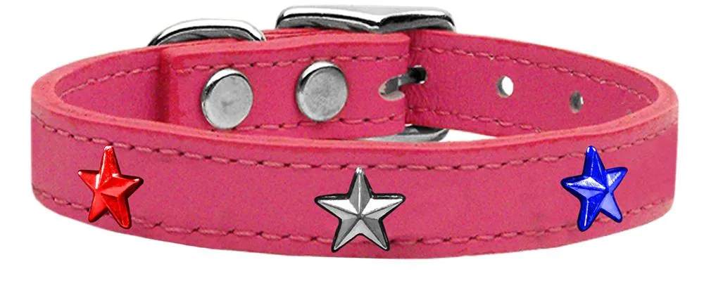 Red, White And Blue Star Widget Genuine Leather Dog Collar Pink 12