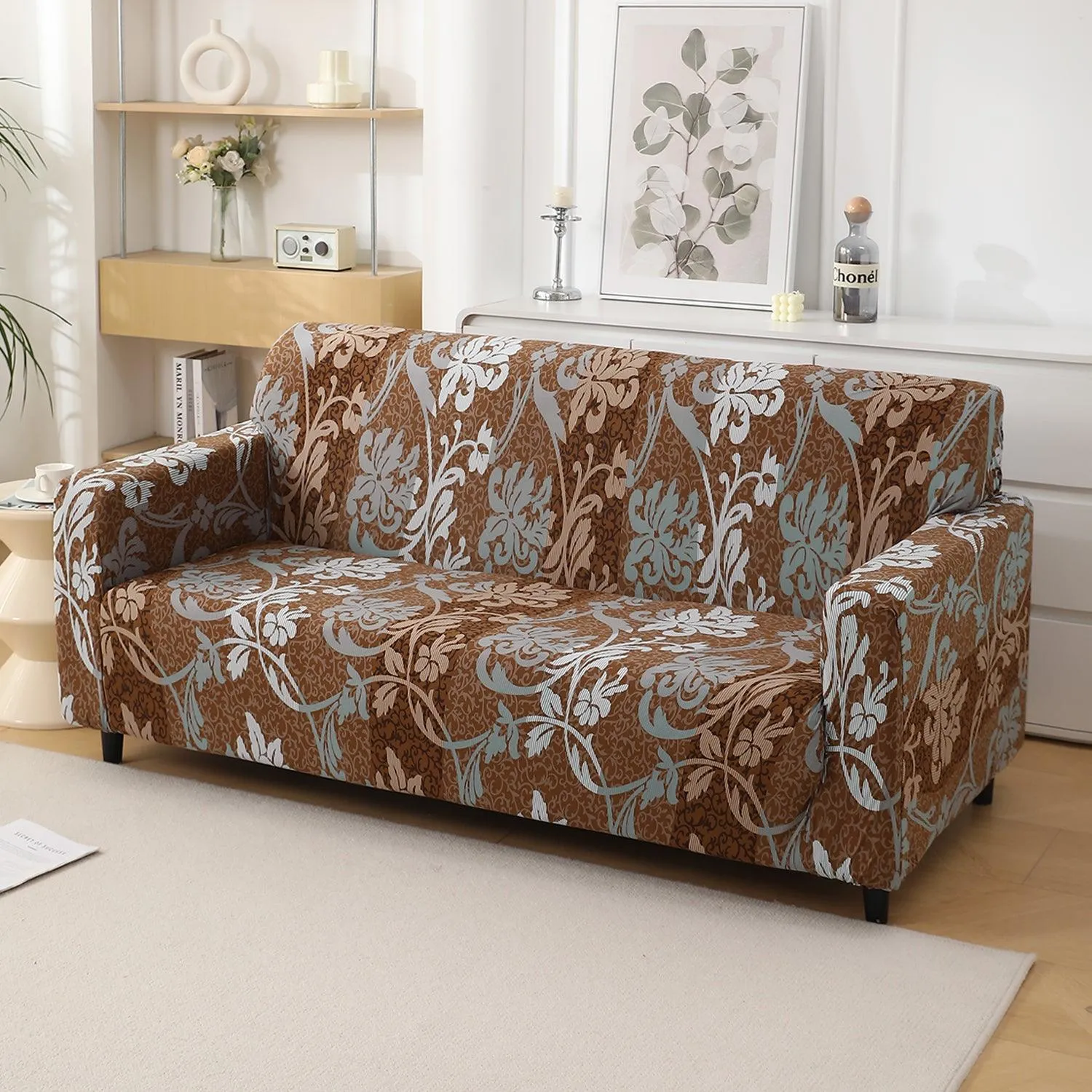 Rich Chocolate Damask Floral Printed Elastic Sofa Cover