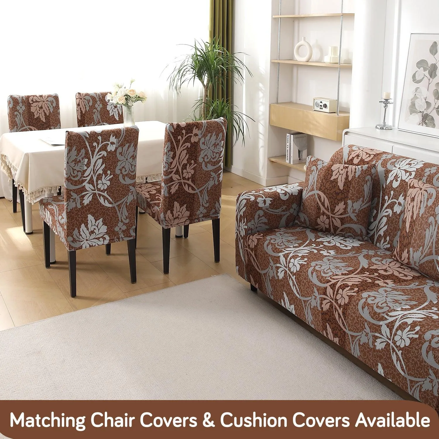 Rich Chocolate Damask Floral Printed Elastic Sofa Cover