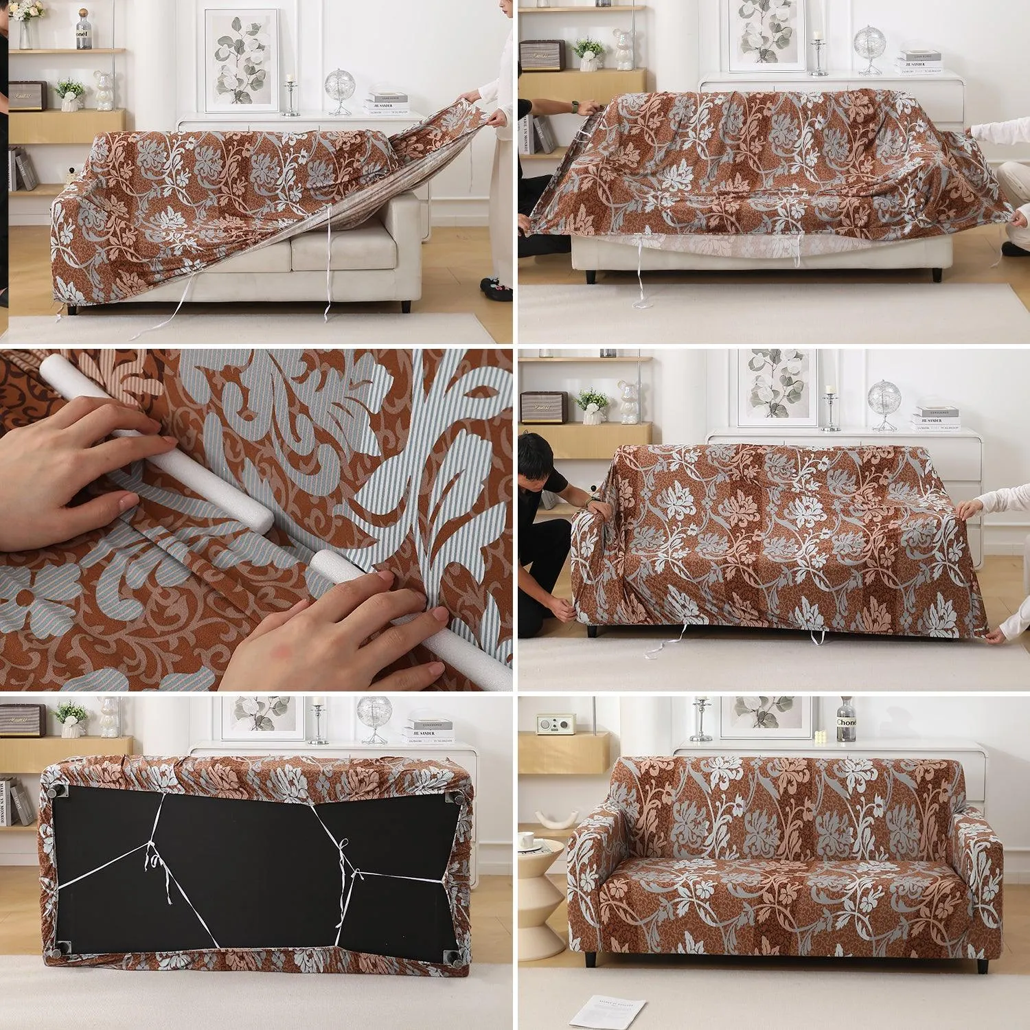 Rich Chocolate Damask Floral Printed Elastic Sofa Cover