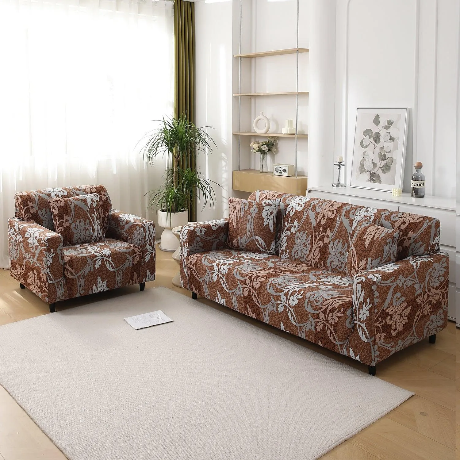 Rich Chocolate Damask Floral Printed Elastic Sofa Cover