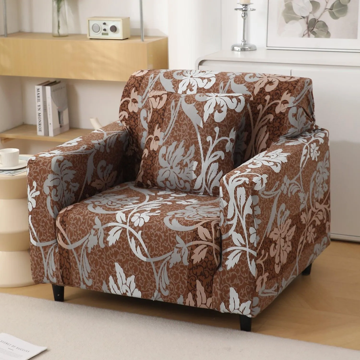 Rich Chocolate Damask Floral Printed Elastic Sofa Cover