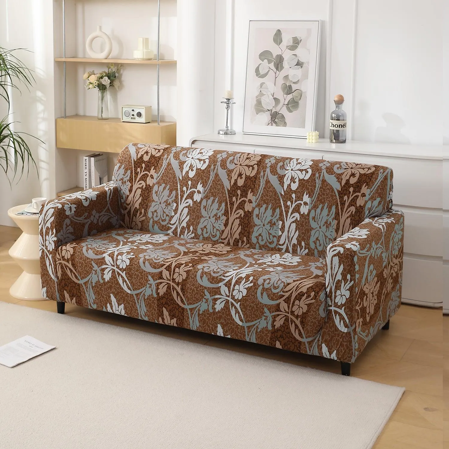 Rich Chocolate Damask Floral Printed Elastic Sofa Cover