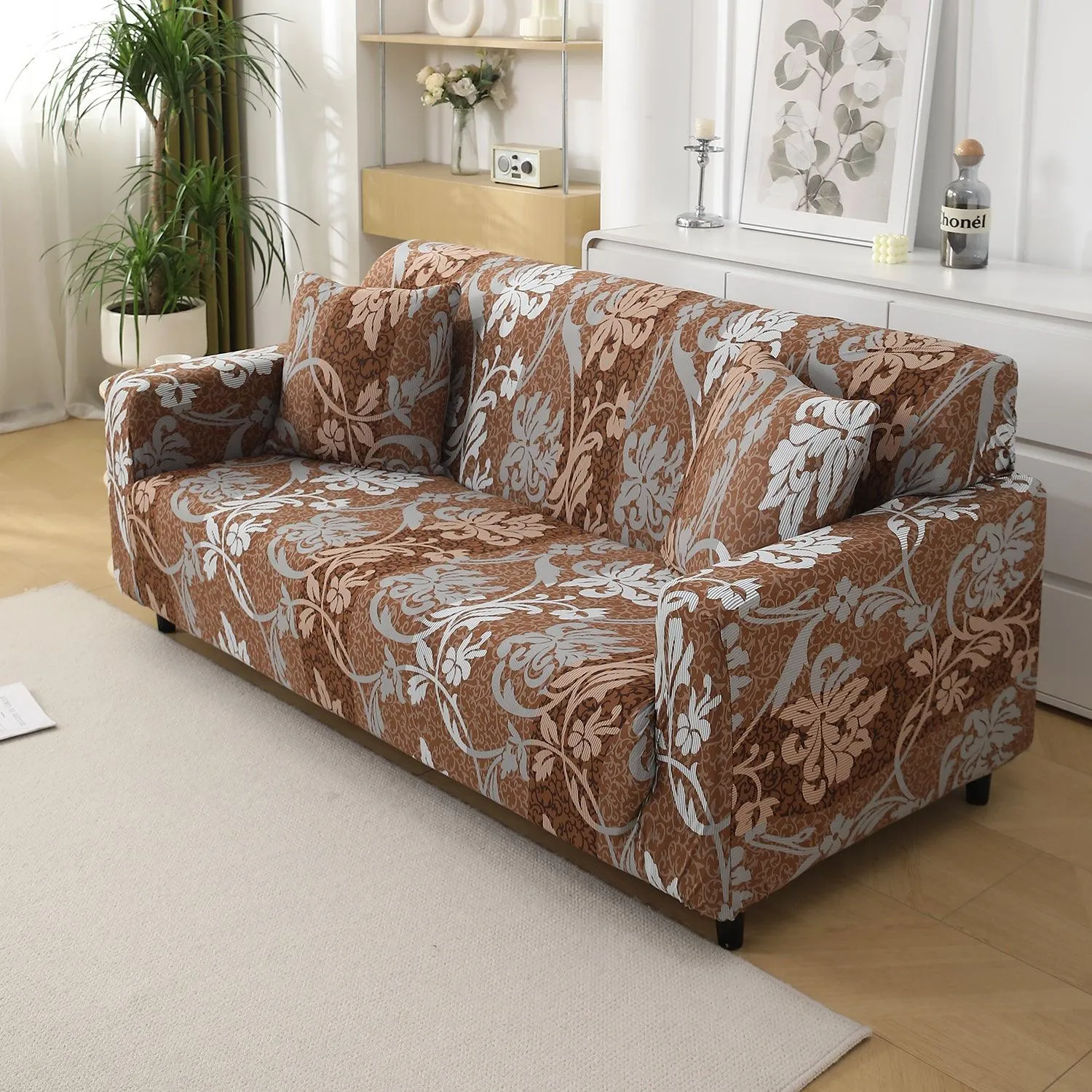 Rich Chocolate Damask Floral Printed Elastic Sofa Cover