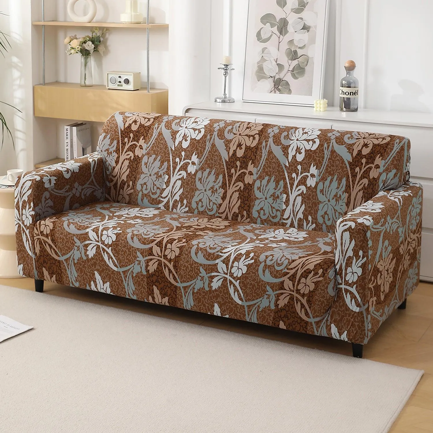 Rich Chocolate Damask Floral Printed Elastic Sofa Cover