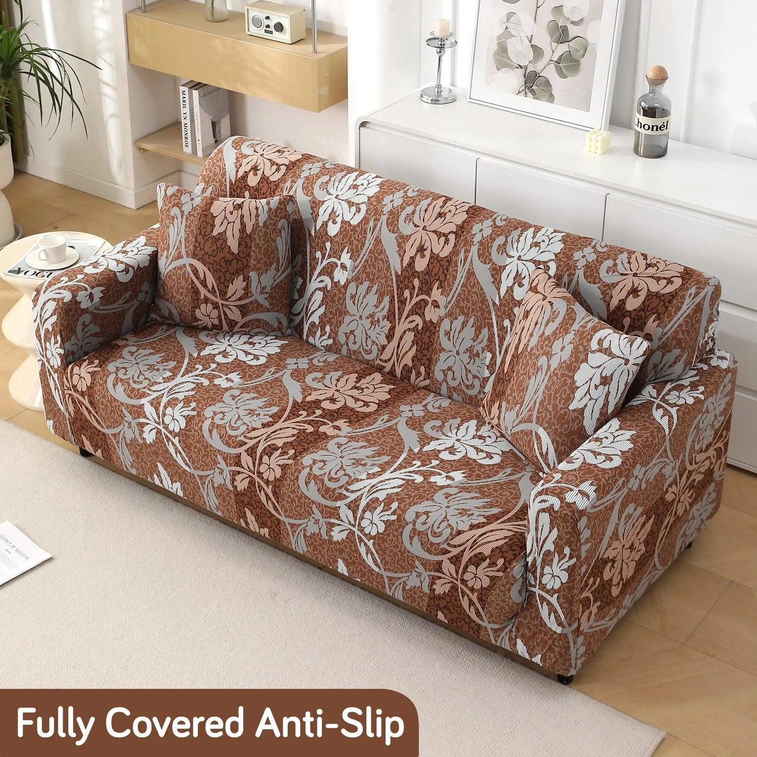 Rich Chocolate Damask Floral Printed Elastic Sofa Cover