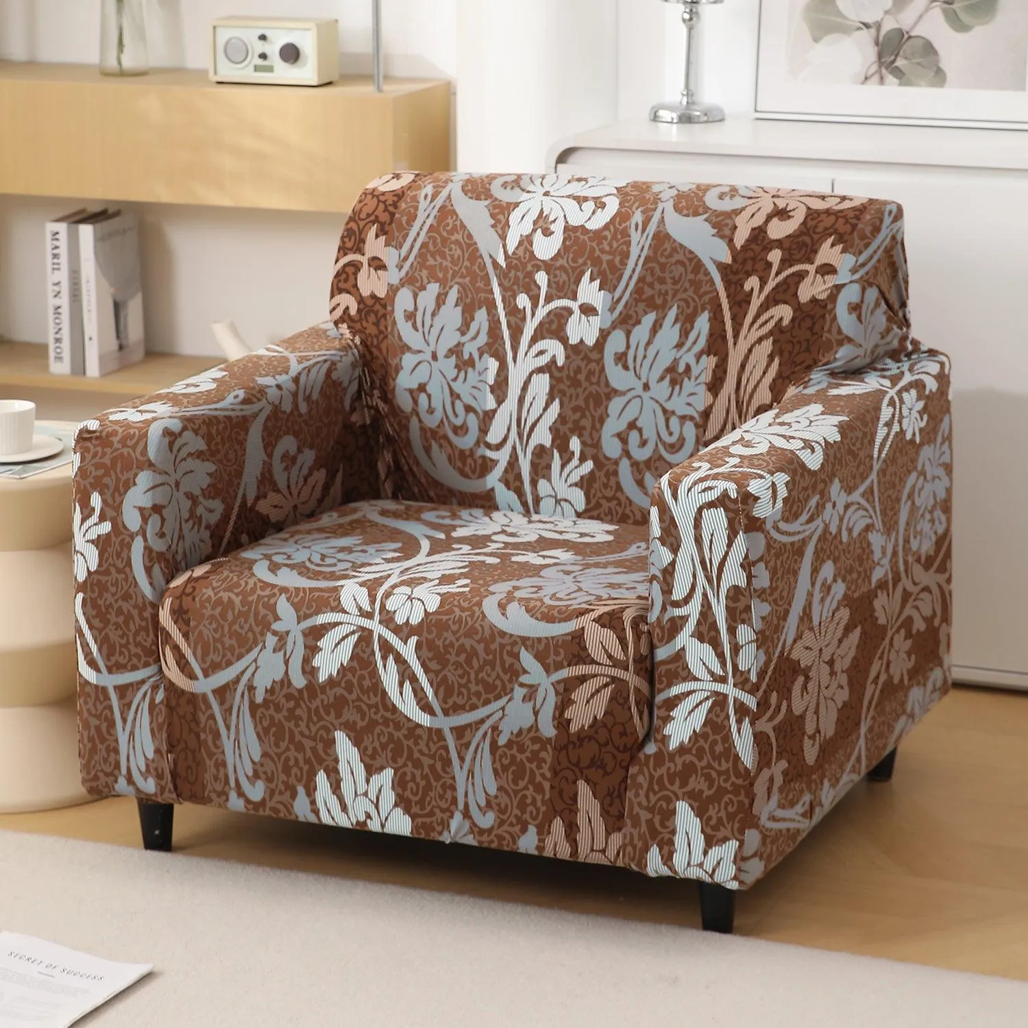 Rich Chocolate Damask Floral Printed Elastic Sofa Cover