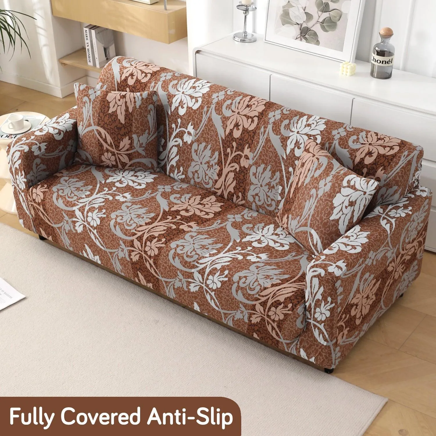 Rich Chocolate Damask Floral Printed Elastic Sofa Cover